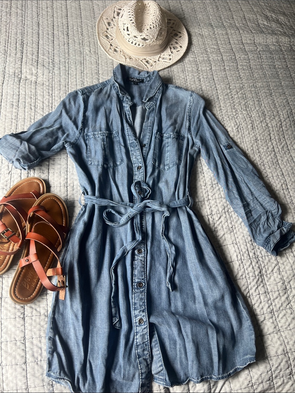 Velvet Heart Light Blue Denim Shirt Dress with Tie Belt